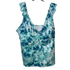Blue & White Tie-Dye Tankini Swim Top With Ruffle Straps Adjustable Back
